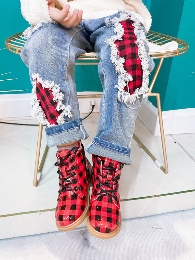 New Fashion Kids' Red Plaid Martin Boots 