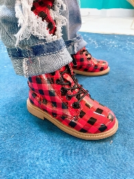 New Fashion Kids' Red Plaid Martin Boots 