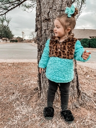 Wholesale Girl Turquoise Cowhide/Leopard Sherpa Pullover