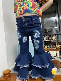 Wholesale Kid's Distressed Double Ruffle Bell Bottom