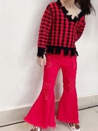 Wholesale Red Ripped Denim Bell Bottoms