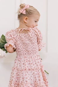 Wholesale Girls Tiered Ruffle Dresses Short Puff Sleeve Square Neck Floral Dress