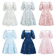 Wholesale Girls Tiered Ruffle Dresses Short Puff Sleeve Square Neck Floral Dress